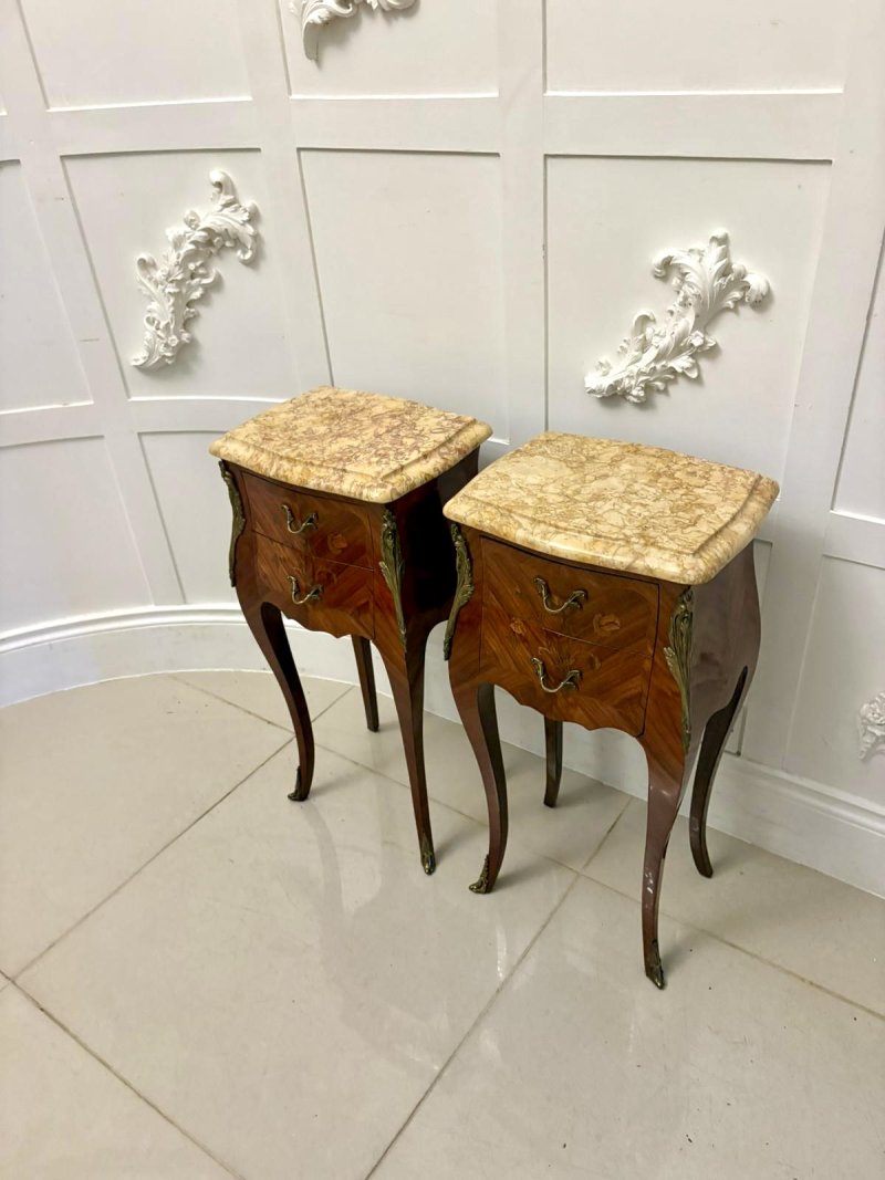 Exceptional Antique Pair of Louis XV Style Kingwood and Marble-Top Bedside Cabinets
